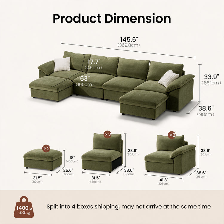 [Pre-sale]Dreamboat Modular Chenille U-Shape Sofa with Storage Ottoman, Green