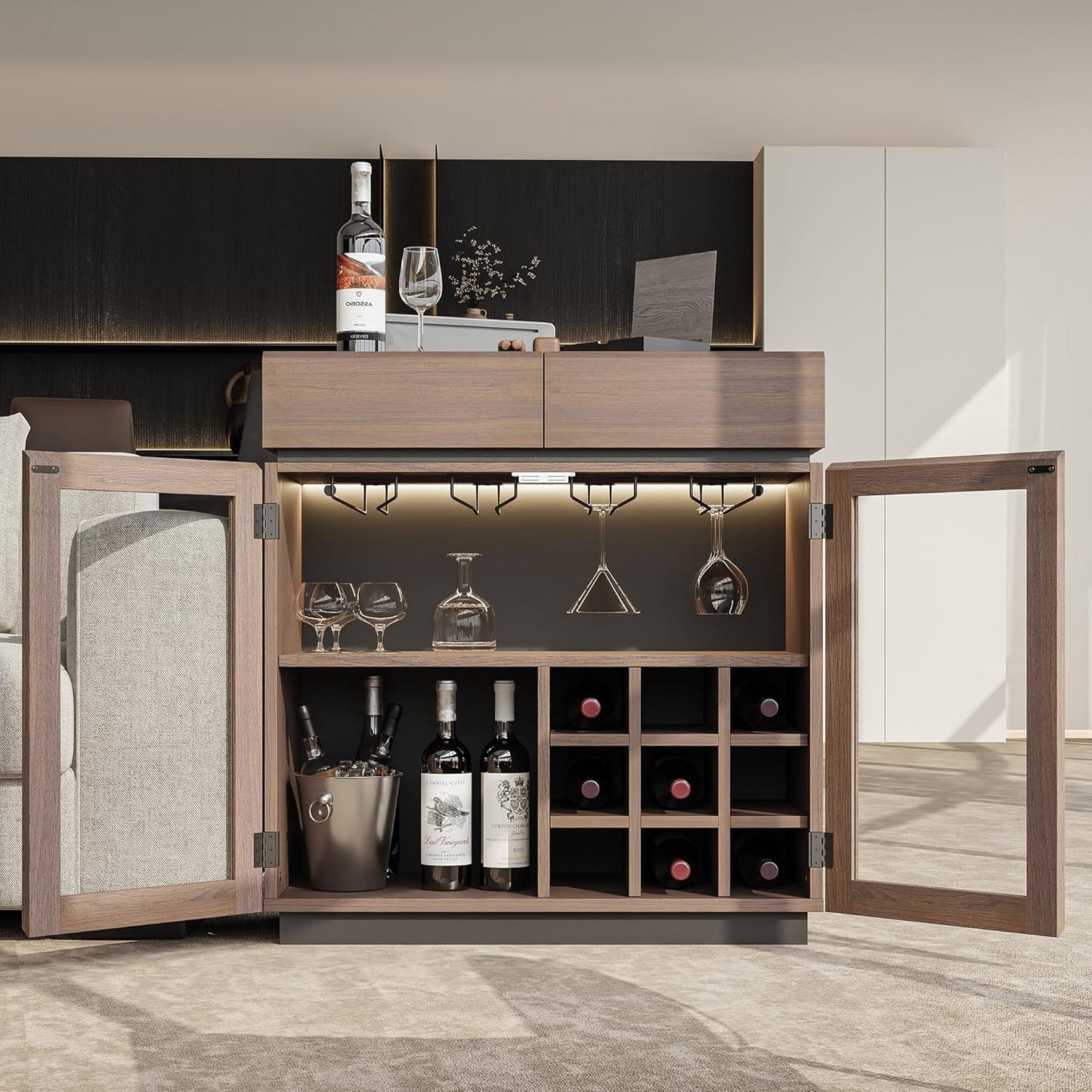 Whisper Series Coffee Bar Cabinet with LED, Charging & Wine Rack, Walnut