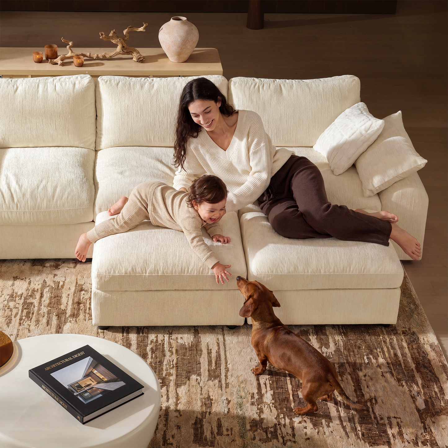 Rialto Modular Chenille U-Shape Sofa with Storage Ottoman,Beige