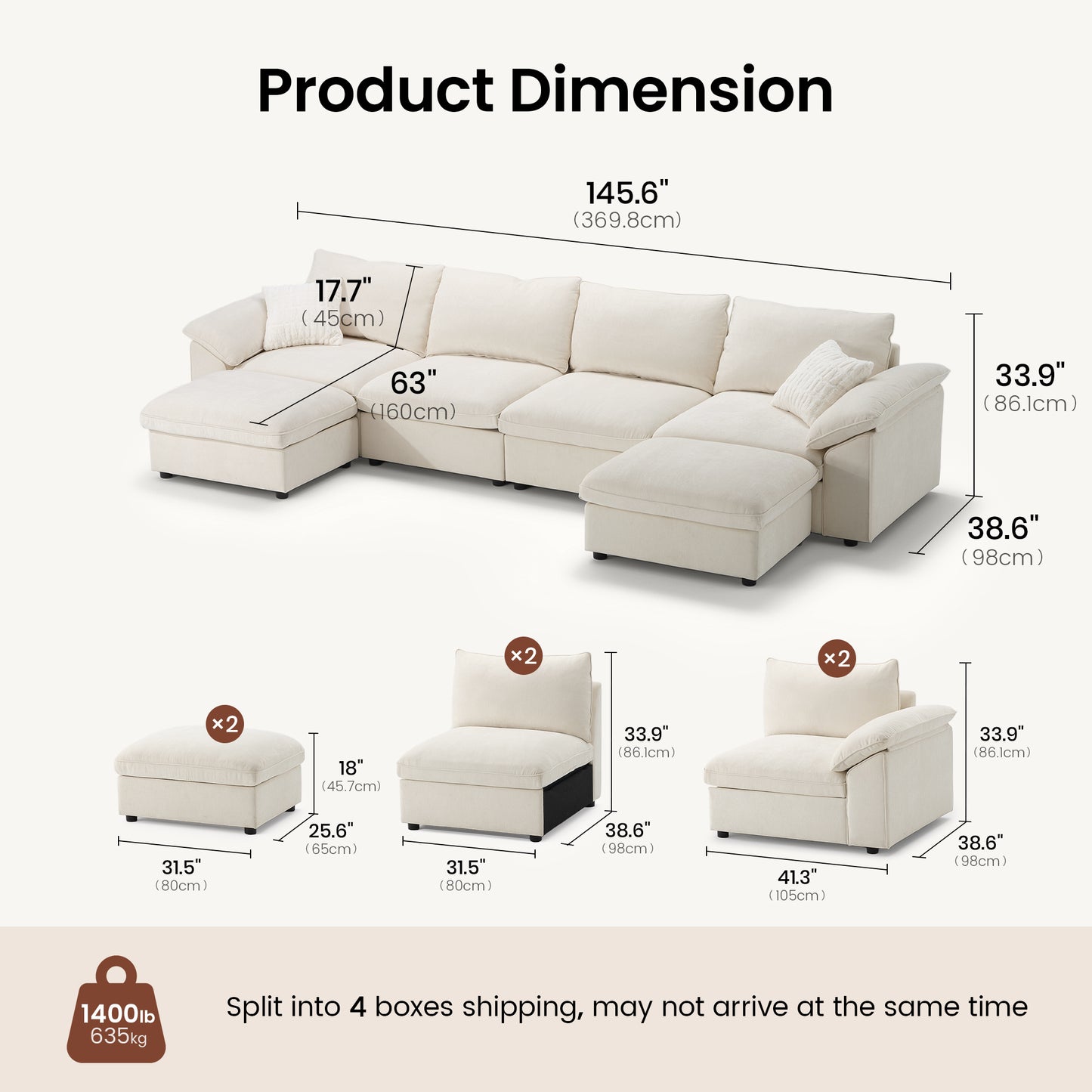Dreamboat Modular Chenille U-Shape Sofa with Storage Ottoman,Beige