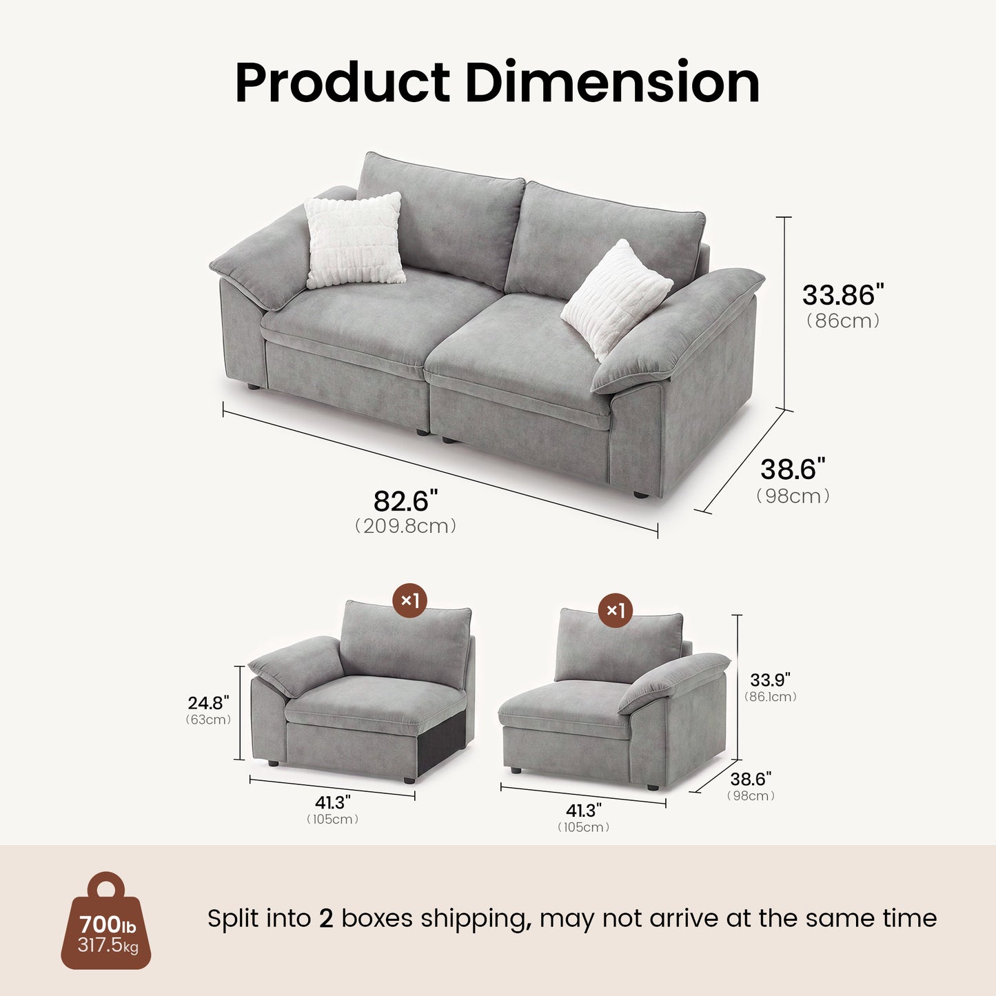 Dreamboat Modular Chenille Loveseat Sofa with Wide Arms,Gray