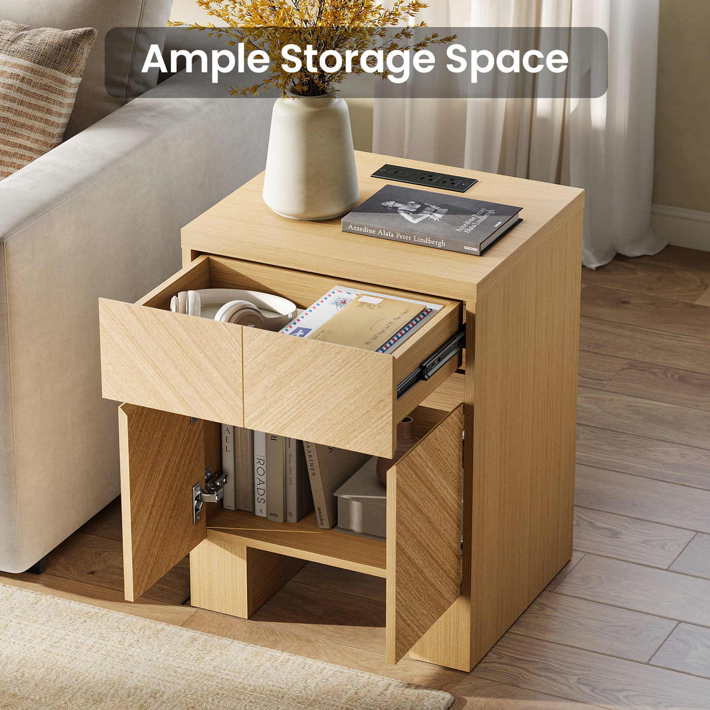 Galileo 23.5" Wood Night Stand with Charging Station Natural Oak