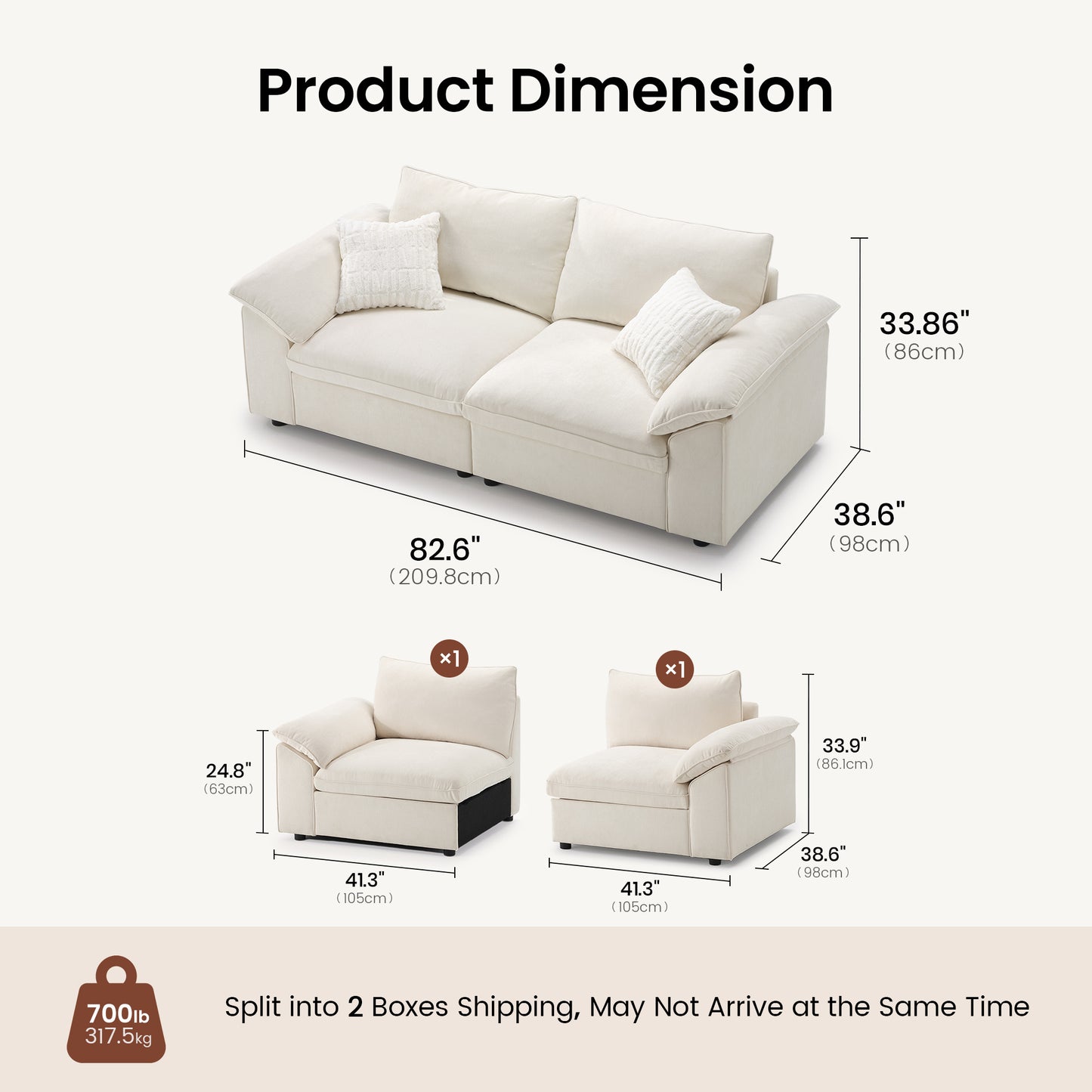 Dreamboat Modular Chenille Loveseat Sofa with Wide Arms,Beige