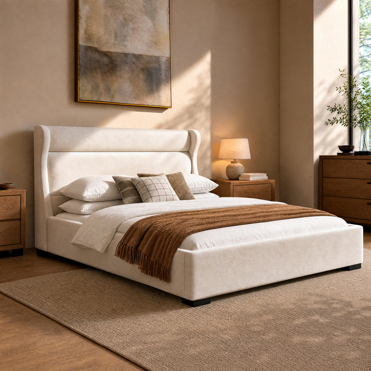 King Chenille Upholstered Bed with Wingback Headboard, Wood Slat Support
