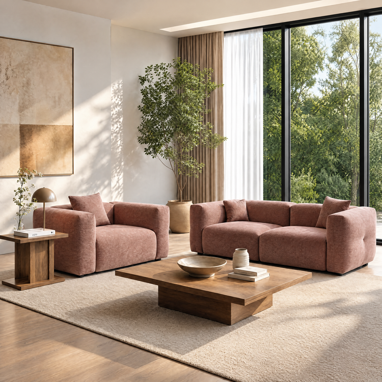 Two blush upholstered sofas in a sunlit living room with wooden tables.