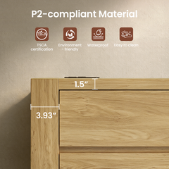 Diagram of a light wood-grain furniture corner with a top rail marked 1.5 inches and a side post marked 3.93 inches, beneath material and cleaning feature icons.