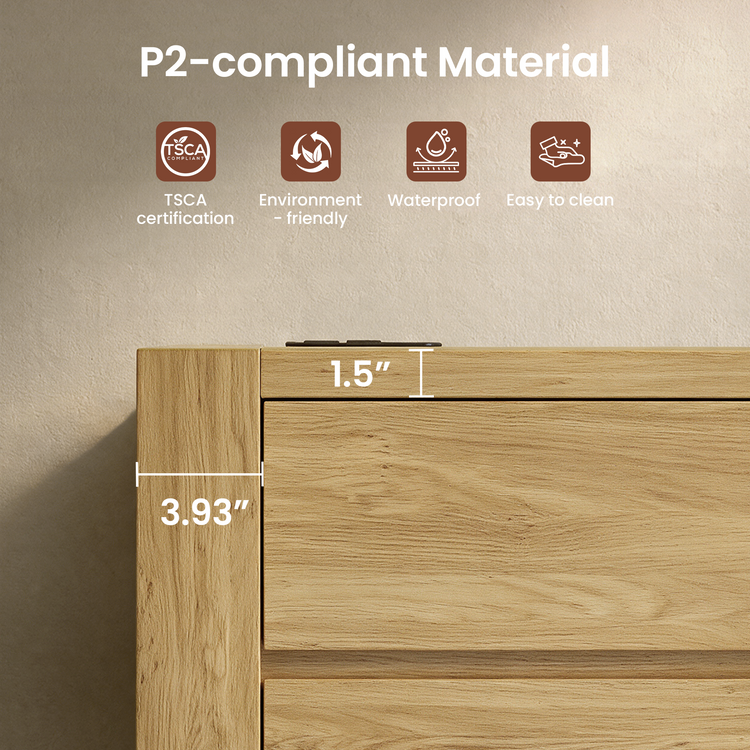 Diagram of a light wood-grain furniture corner with a top rail marked 1.5 inches and a side post marked 3.93 inches, beneath material and cleaning feature icons.