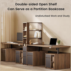 A shared desk setup has central open shelving between two work areas
