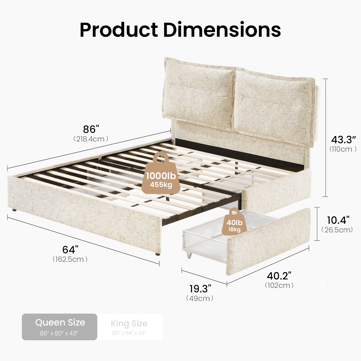 Freya Queen Upholstered Storage Bed Frame with 4 Drawers, Sandstone Beige
