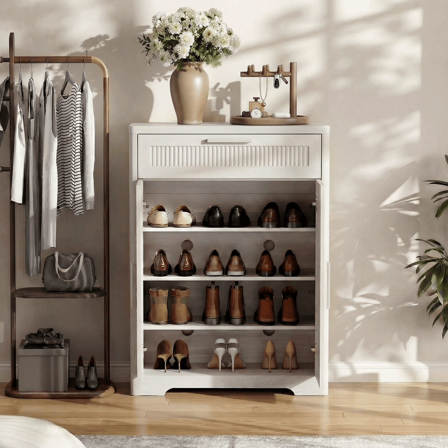 [Pre-Sale] Lira 47.2" Fluted Rippled Wooden Shoe Cabinet with Drawer