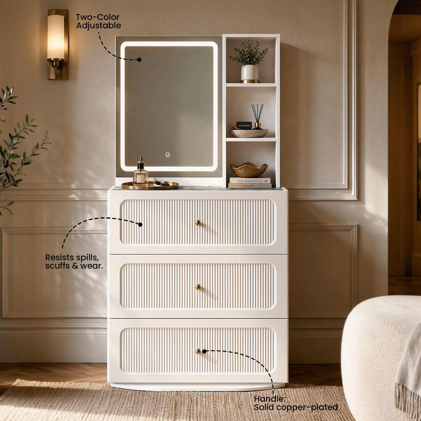 FlexMod 31.5" Modular Fluted 3-Drawer Vanity Dresser with 3-Color LED Mirror & Side Shelves