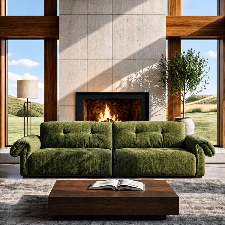 112.2" Cloud Sofa, Modern Italian Chenille Couch with Pillow Arms, Deep Seats & Down-Blend Cushions, Olive Green