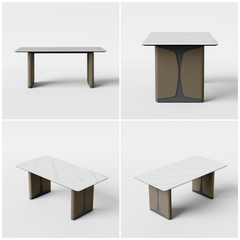 Rectangular white patterned table rests on two sculptural pedestal bases, Four panels show the same table from multiple angles