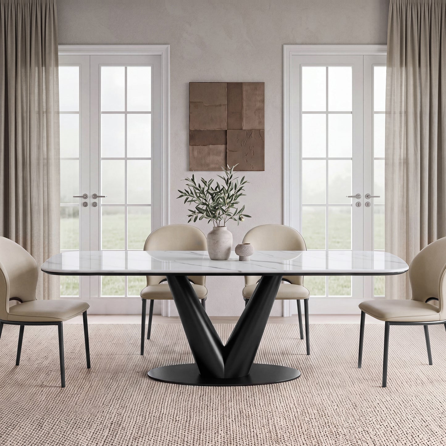 78" Glossy Sintered Stone Dining Table – Snow Mountain Pattern with V-Shaped Metal Base (6-8 Seater)