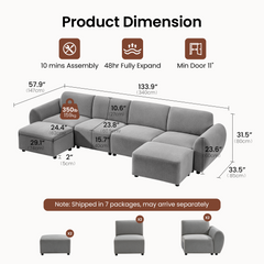 Dimension diagram of a gray modular sofa with four back cushions, rounded arms and two ottomans, showing measurement lines and separate module illustrations below.