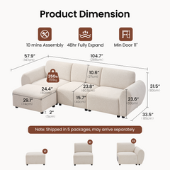 Dimension diagram of a cream three-seat sofa with rounded arms and a matching ottoman at the left, with measurement lines and separate views of the ottoman, armless seat and end seat modules.