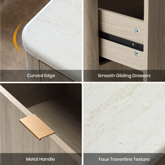 Four close-ups show a rounded pale top, black drawer slide, gold handle, and lightly speckled surface