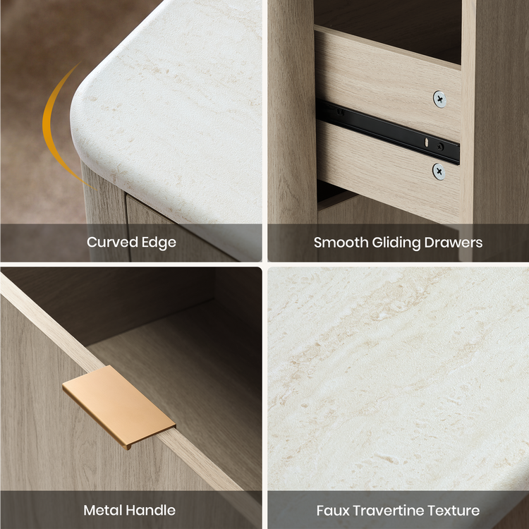 Four close-ups show a rounded pale top, black drawer slide, gold handle, and lightly speckled surface