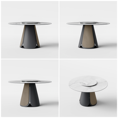Four views show a round table with a smaller raised center disk, Dark flared pedestal has contrasting taupe panels