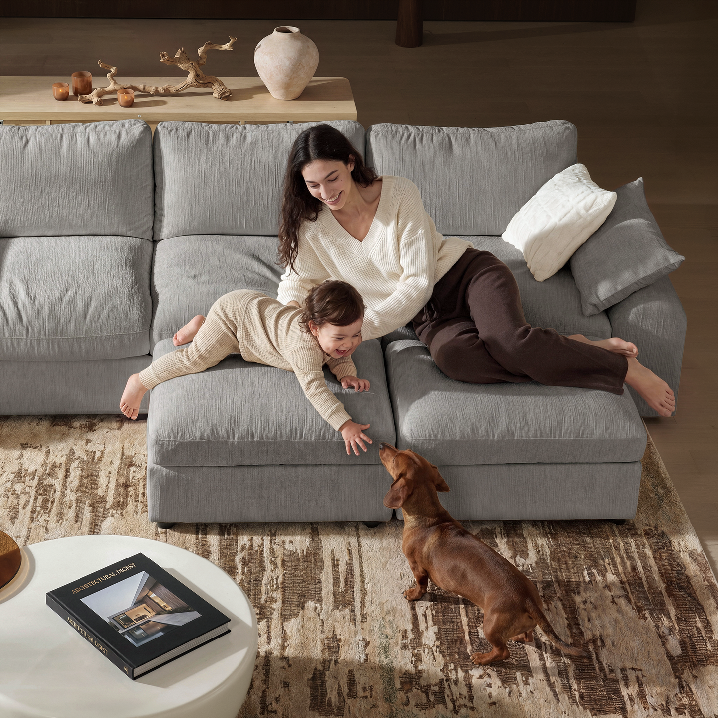 Rialto Modular Chenille U-Shape Sofa with Storage Ottoman,Gray