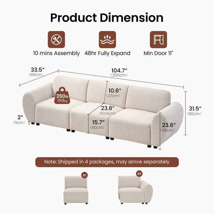 Dimension diagram of a cream three-seat sofa with rounded arms and short black feet, showing measurement lines, assembly and expansion notes, and separate center and end sections below.