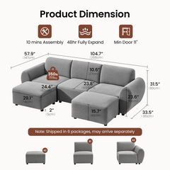 Dimension diagram of a gray three-seat sofa with rounded arms and two matching ottomans, with measurement lines and a breakdown showing two ottomans, one armless seat and two end seats.