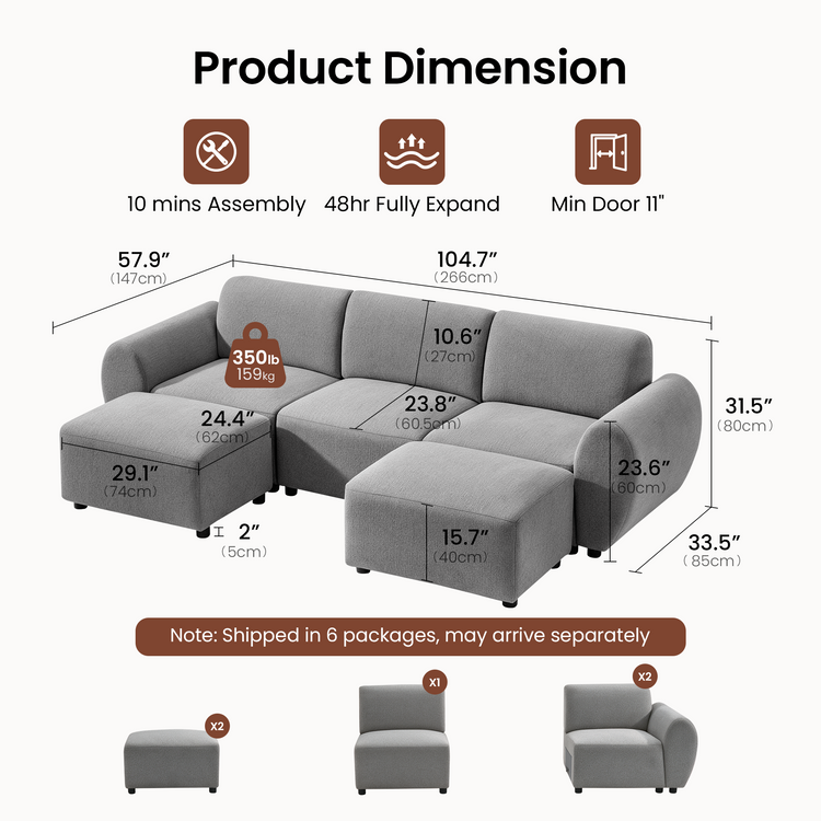 Dimension diagram of a gray three-seat sofa with rounded arms and two matching ottomans, with measurement lines and a breakdown showing two ottomans, one armless seat and two end seats.