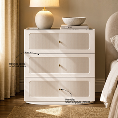Three drawers are stacked vertically, Drawer fronts show a ribbed pattern