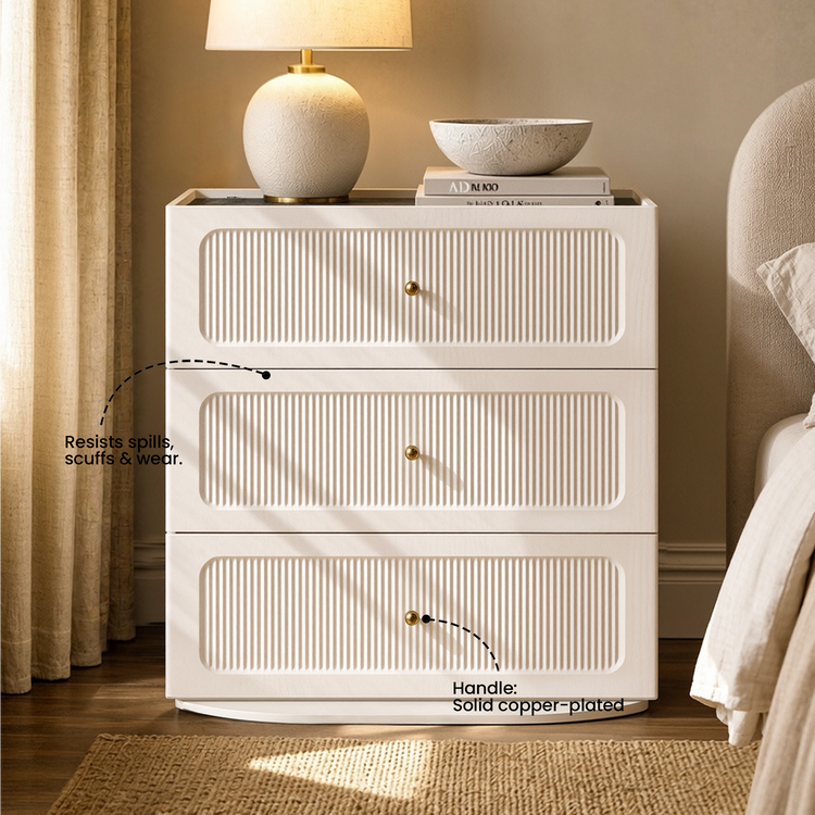 Three drawers are stacked vertically, Drawer fronts show a ribbed pattern