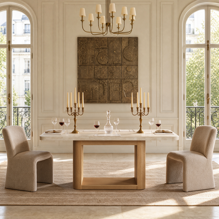 A dining table set with candlesticks, wine glasses, and a decanter sits between two upholstered chairs beneath a chandelier and wall artwork, with tall arched windows on either side.