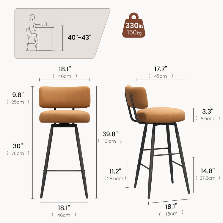 2-Pack 360° Swivel Bar Stools, 30" Height Barstools with Minimalist Cushion Back