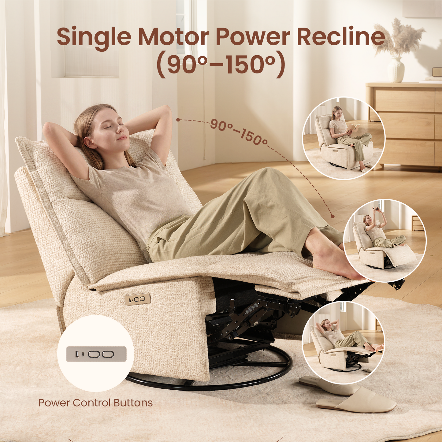 Bello Armless Power Recliner with USB-C Charging - Beige