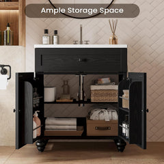 Black storage cabinet shown open with shelves and drawers