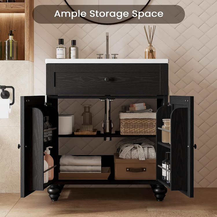 Black storage cabinet shown open with shelves and drawers
