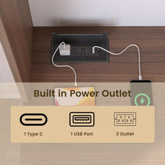 Recessed desktop power module shows AC outlets, USB, and Type-C ports