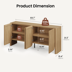 Open cabinet reveals two shelved compartments, Cabinet width 69.7 in, height 31.3 in, and depth 15.4 in