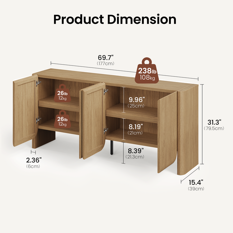 Open cabinet reveals two shelved compartments, Cabinet width 69.7 in, height 31.3 in, and depth 15.4 in