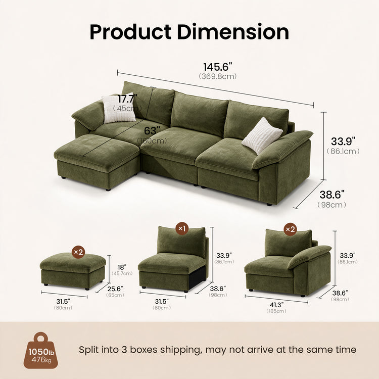 Sofá modular en forma de L Dreamboat de chenilla con otomana de almacenamiento, beige