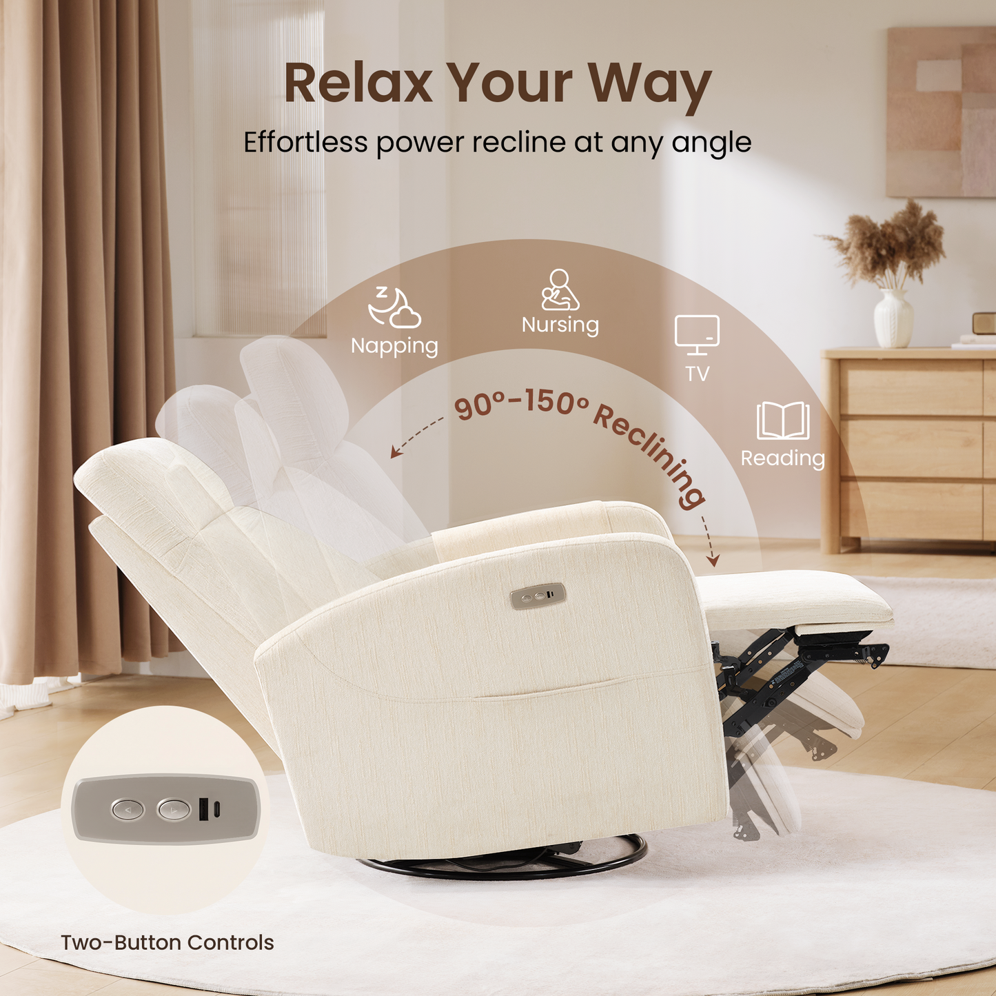 Nursery Power Swivel Glider Recliner with Adjustable Headrest & USB-C、Beige