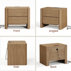 Two-drawer nightstand is shown from four angles, Power cord exits through the back panel