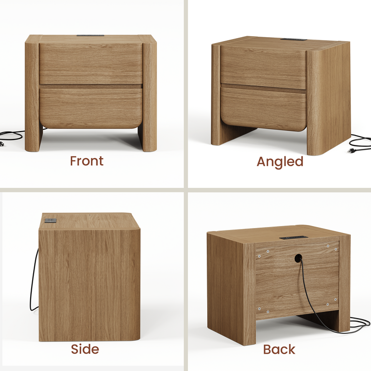 Two-drawer nightstand is shown from four angles, Power cord exits through the back panel