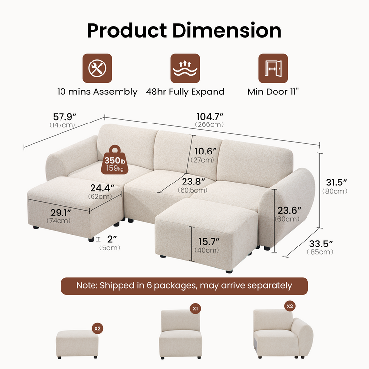Dimension diagram of a cream-colored three-seat sofa with two ottomans, showing measurement lines, assembly notes, and separate seating components below.