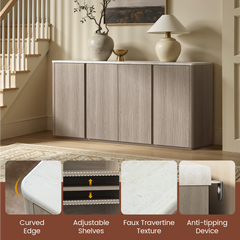 Four-door gray sideboard stands beneath a pale mottled top, Four detail panels label edges, shelves, texture, and anti-tipping hardware