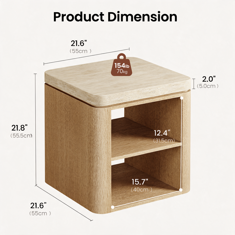 21.6 Inch Natural Travertine Bedside Table, Minimalist Oak Side Table with 2-Tier Open Storage