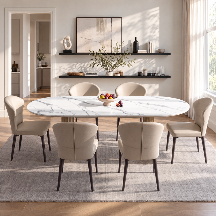 70.79" Oval Glossy Snow‑Mountain Sintered Stone Dining Table
