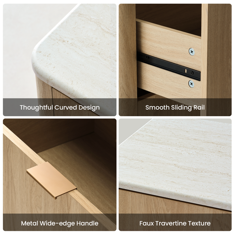 Four close-ups show a pale stone-look cabinet top, a black drawer rail, a wide metal handle, and the textured top