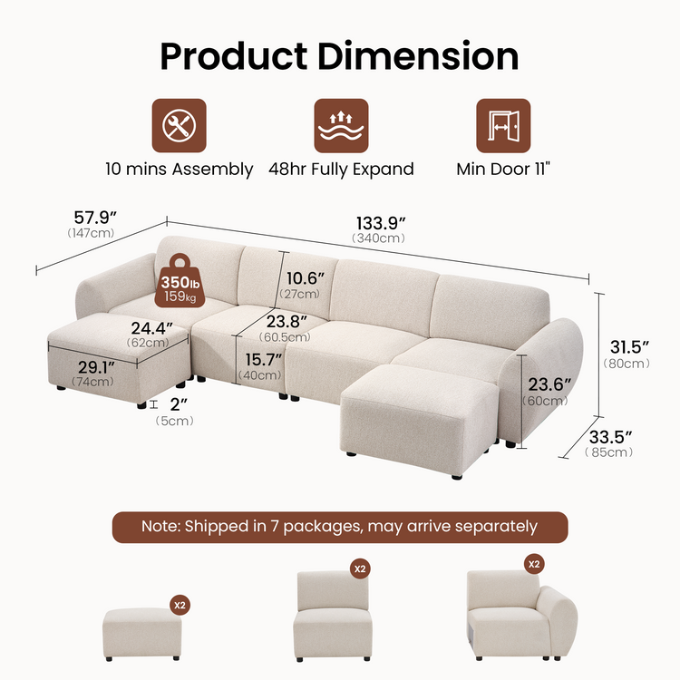 Dimension diagram of a cream sectional sofa with four back cushions, rounded arms and two ottomans, with measurement lines and separate module illustrations below.