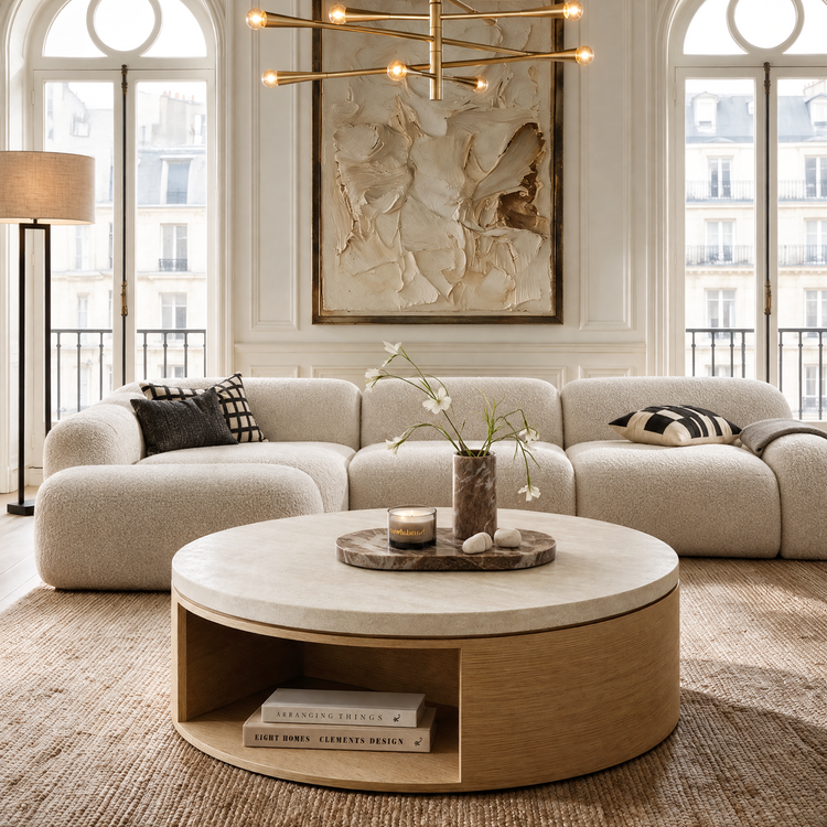 47 Inch Round Travertine Coffee Table, Natural Stone Circular Center Table