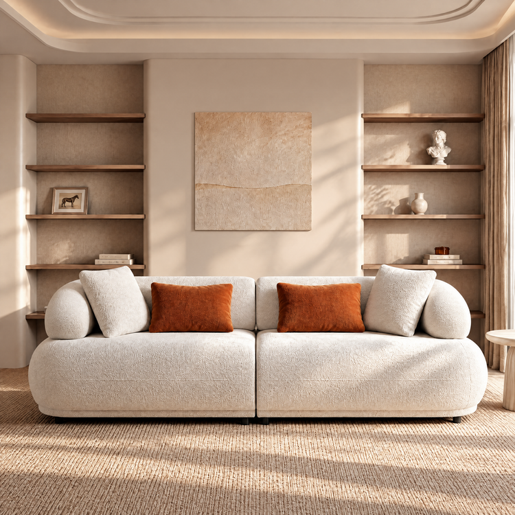 Cream Teddy Fabric 3-Seater Sofa with Cylindrical Armrests