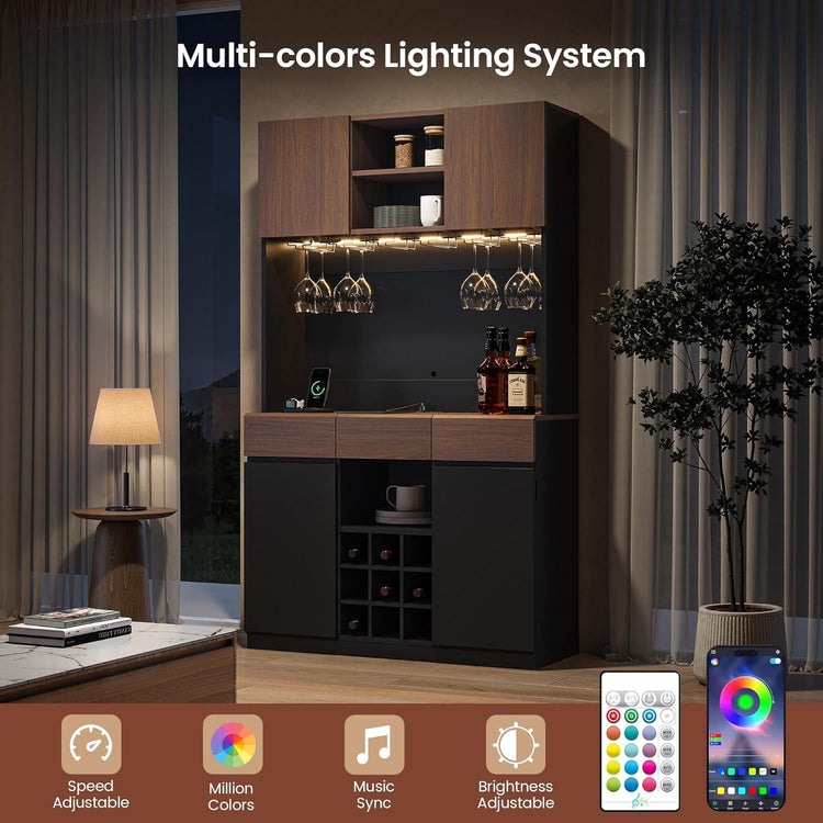 Whisper Series 71" Black Wine Bar Cabinet with LED & Storage